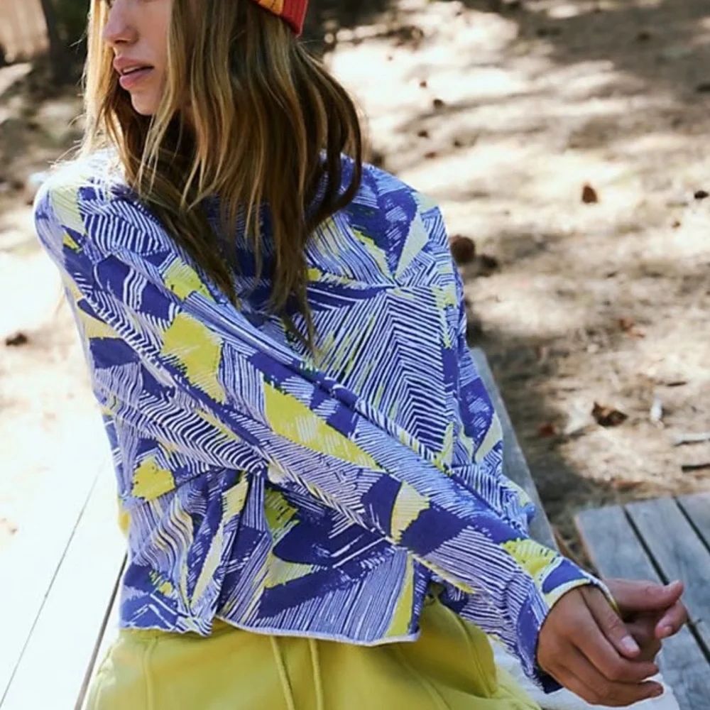 Free People Movement Abstract Print Cropped Pullover Blue Yellow Athleisure
